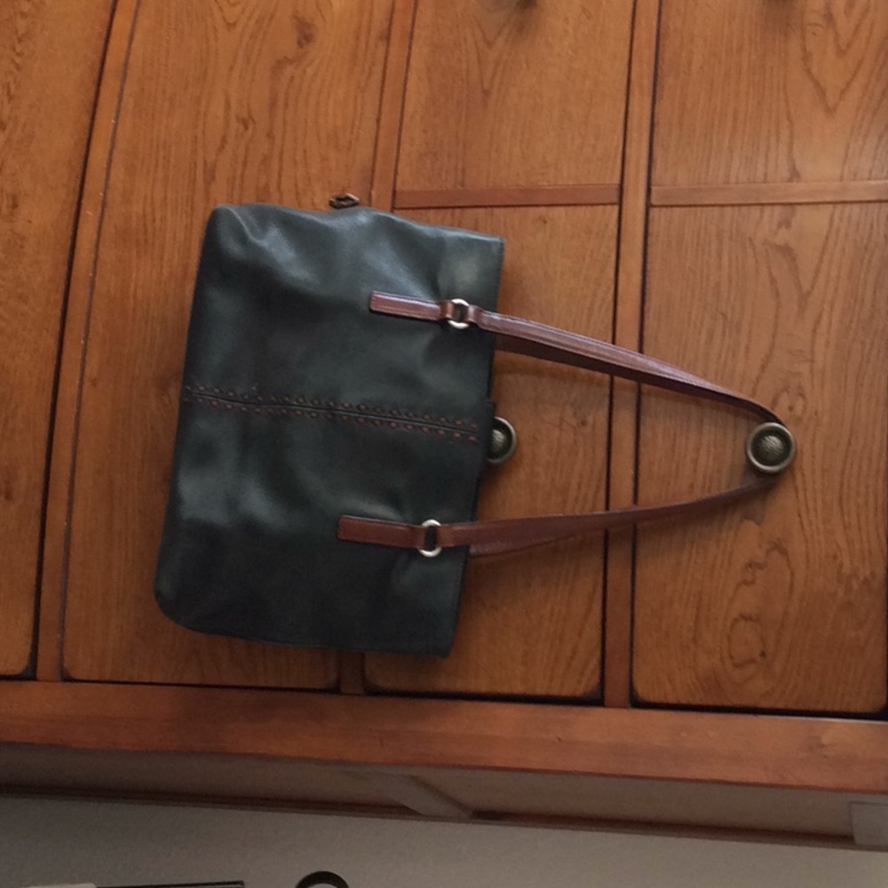 Fossil Black Leather Shoulder Bag with Brown Strap